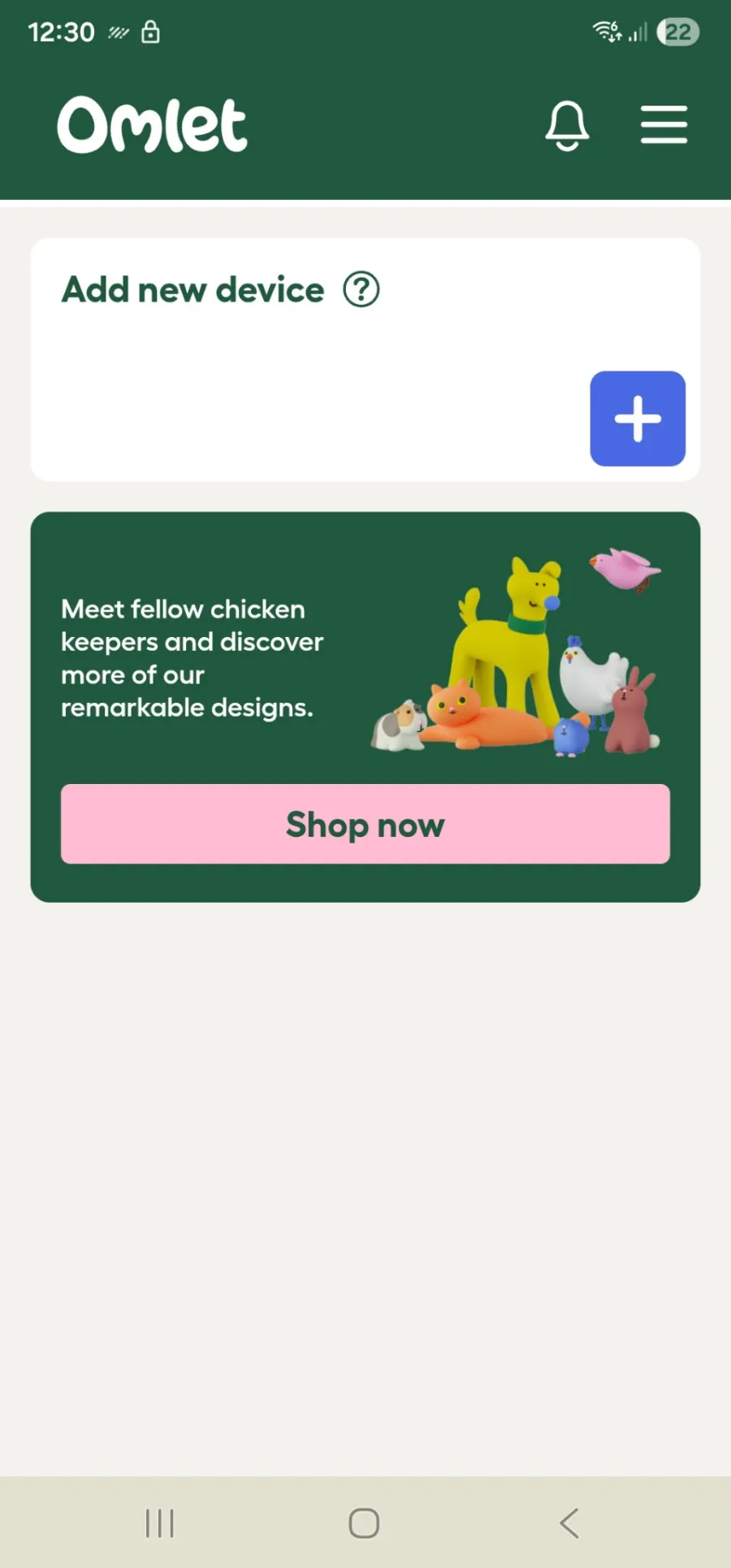 Skjermbilde fra Omlet-appen med knappen for å legge til en ny enhet.